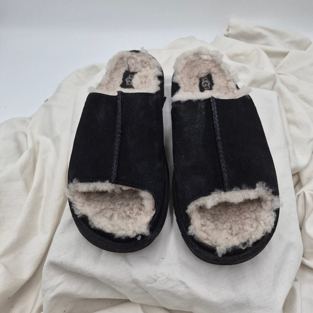 UGG Greenport Slide Slip on open toe black suede plush sheepskin Women's size 8